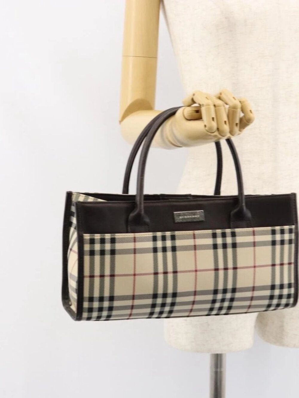 BURBERRY Nova Check Hand Bag Canvas Beige Silver Auth ka313 - Picture 15 of 16